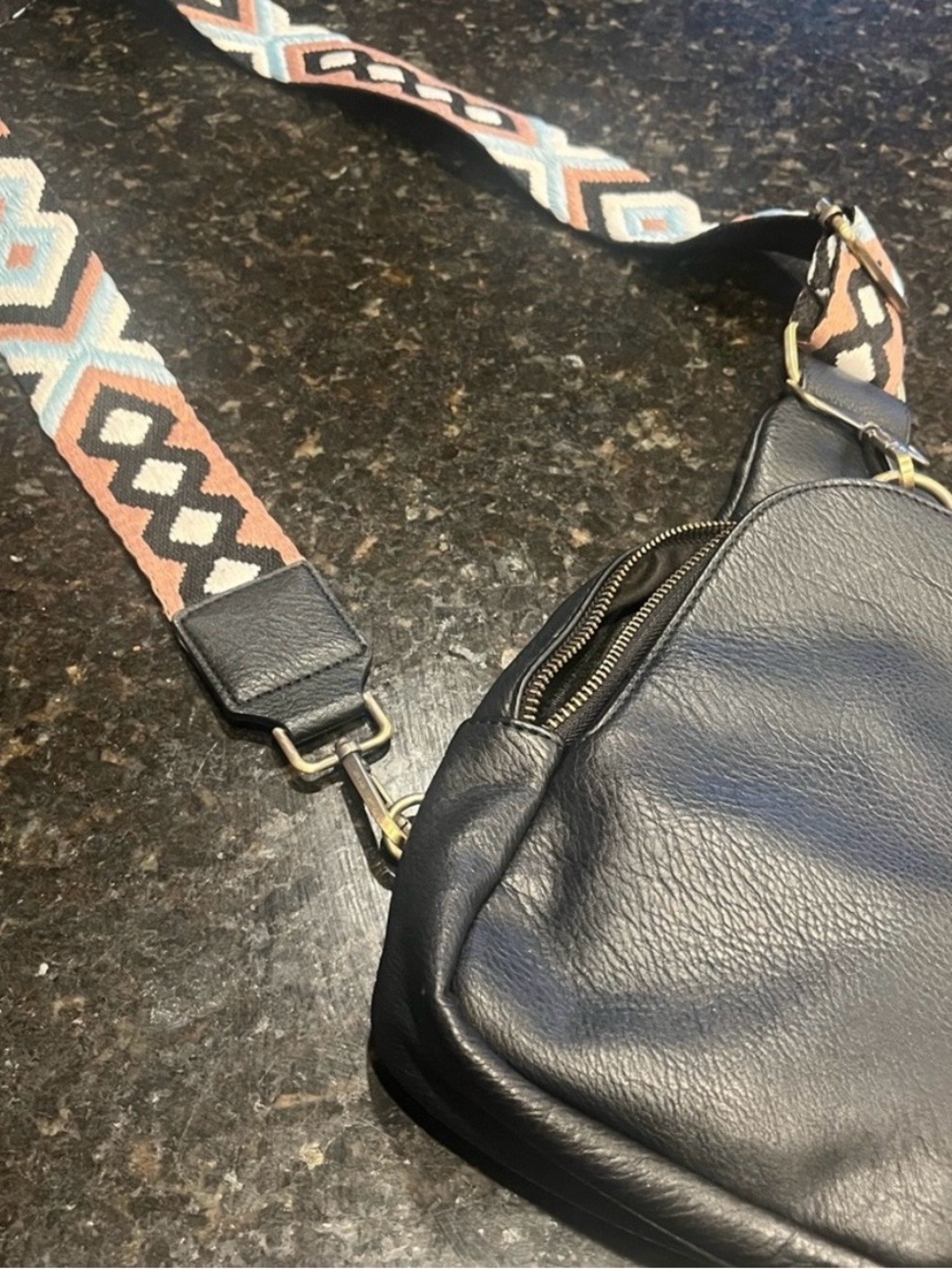 Anthropology Black faux leather Belt Bag with Multicolor Woven Strap